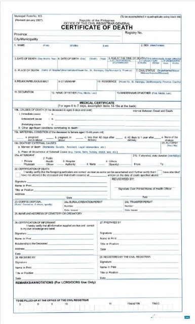 Download Philippines Office of civil registrar general death certificate Photoshop template